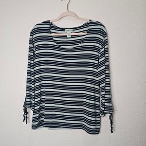 Chico's Travelers Top Size 3 Striped Long Sleeve Navy Silver Sparkle Shirt 16/18